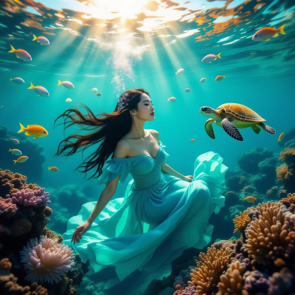 Chinese Woman Swimming in Coral Reef: Cinematic Still