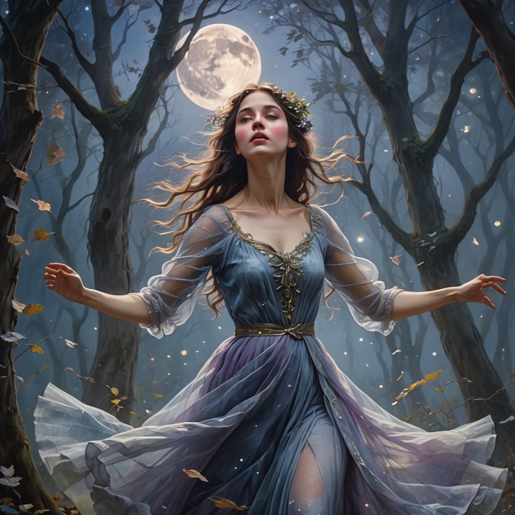 Ethereal Woman Dancing Under Moonlight in Forest
