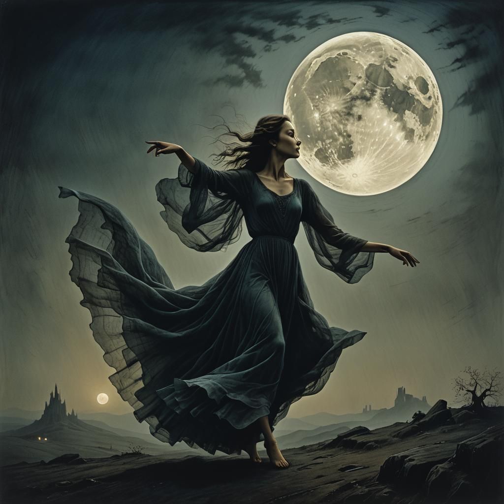 Ethereal Woman Dancing Under Moonlight in Dark Surrealism
