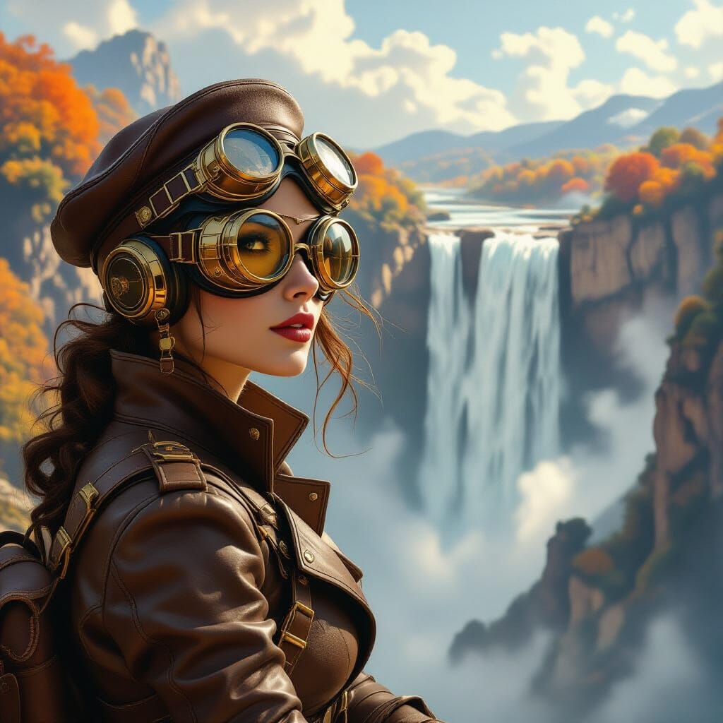 Steampunk Adventurer Overlooking Grand Waterfall