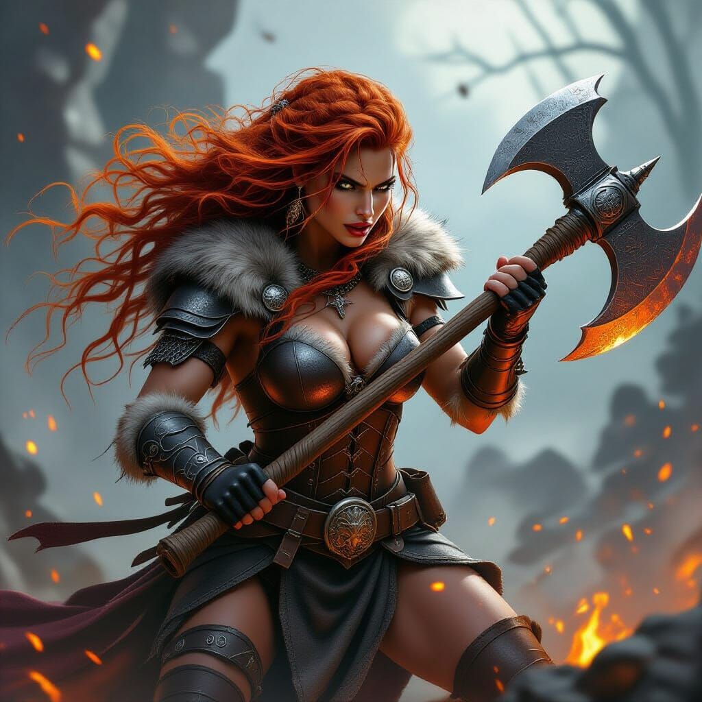Fierce Barbarian Woman Wielding Battle Axe