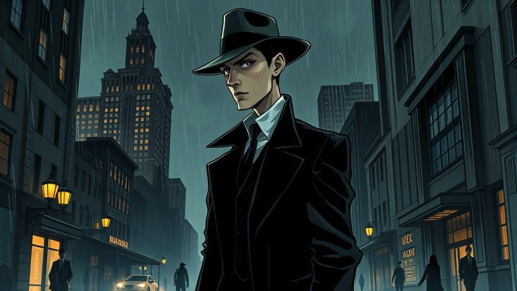 Sophisticated 1920s Film Noir Figure in Dark Cityscape