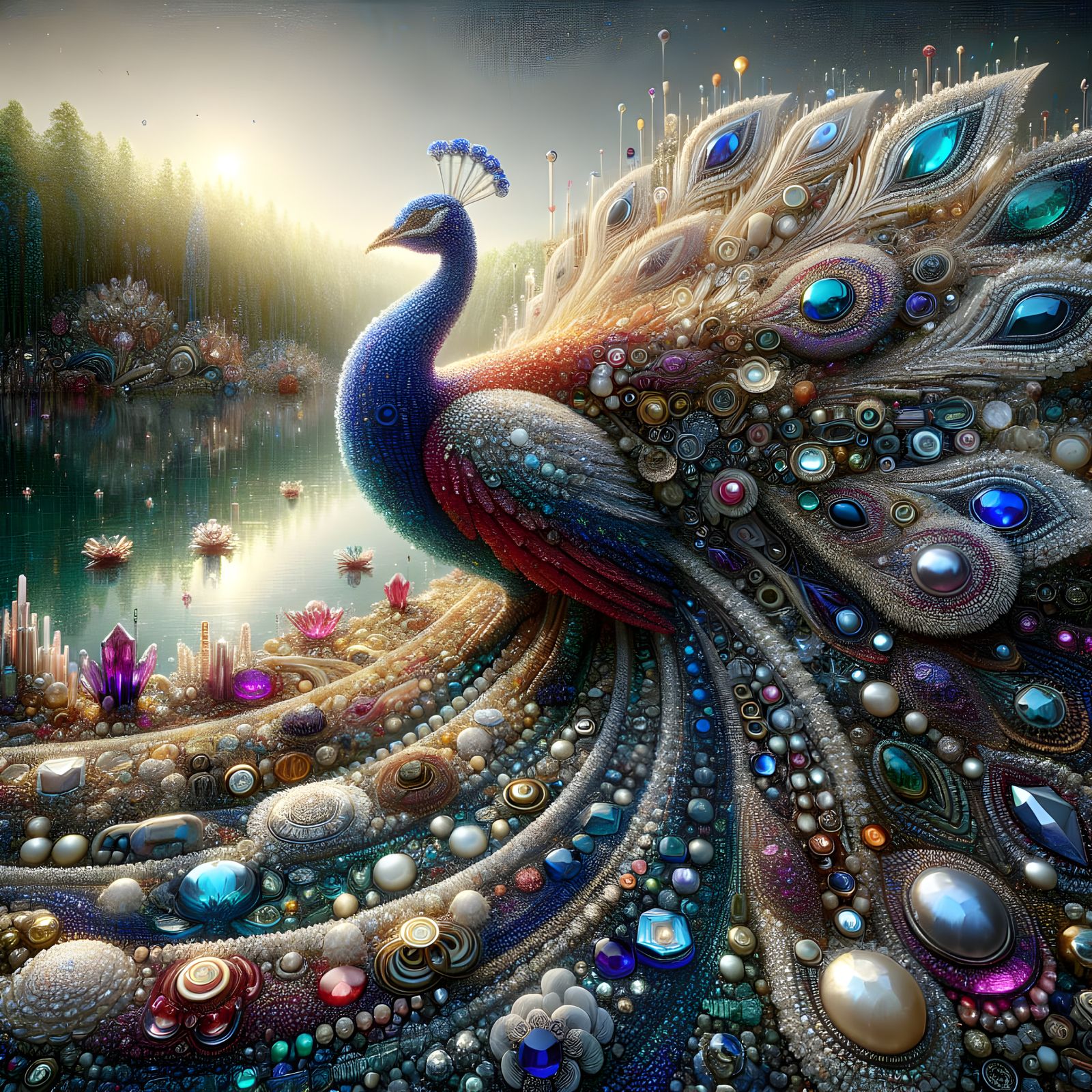 Crystal Peacock Majestically Sails on a Vibrant Lake in Hype...