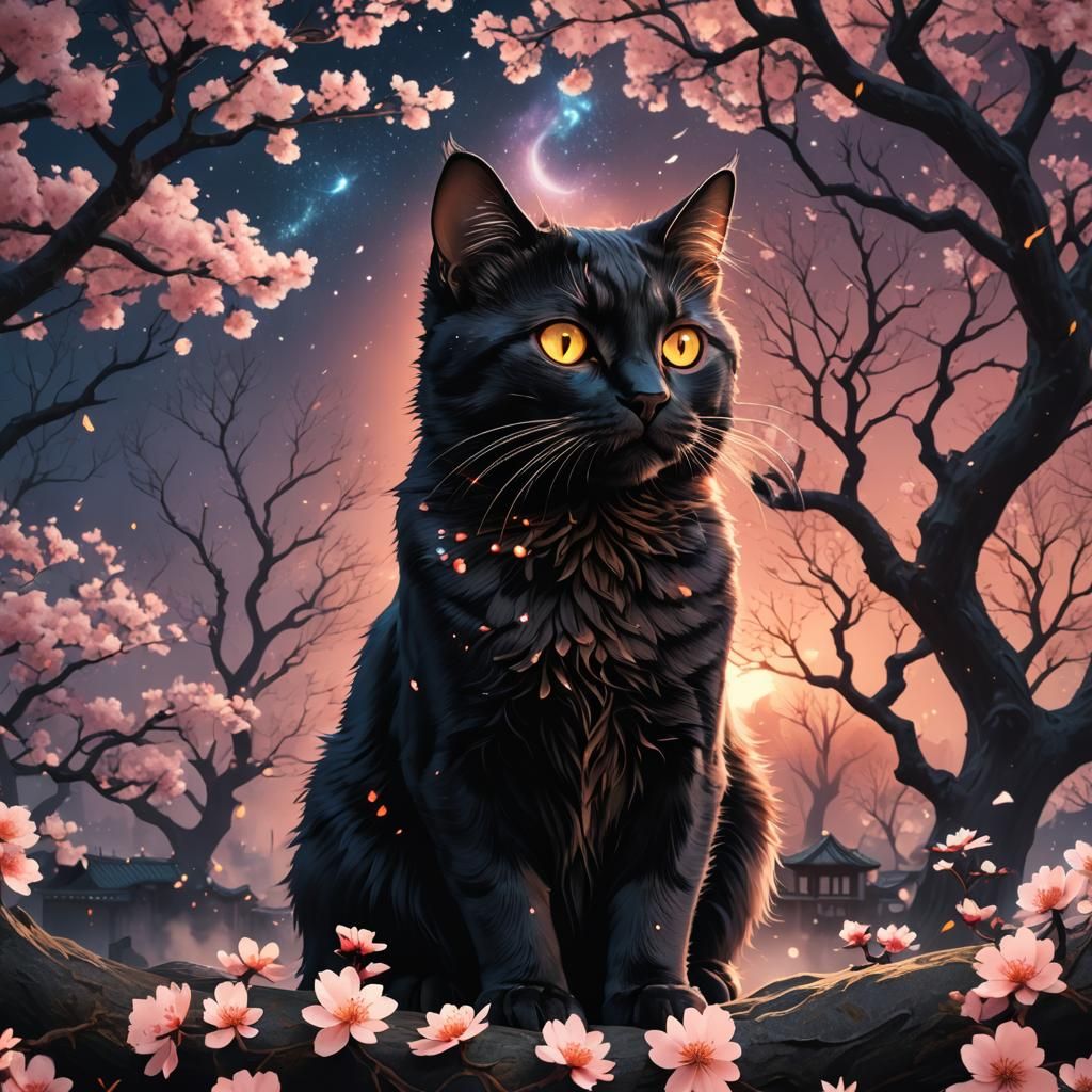 Sakura Cat Silhouette with Fiery Eyes