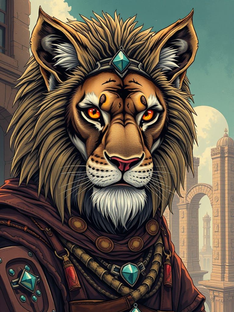 Anthro Lion Merchant in Manga Art Nouveau Style