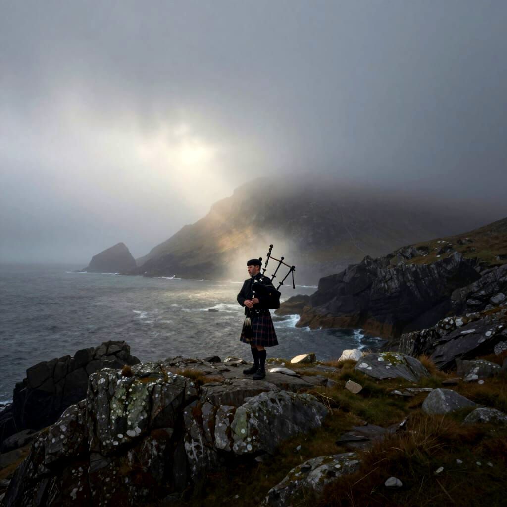 Scottish Bagpiper on Misty Coastline