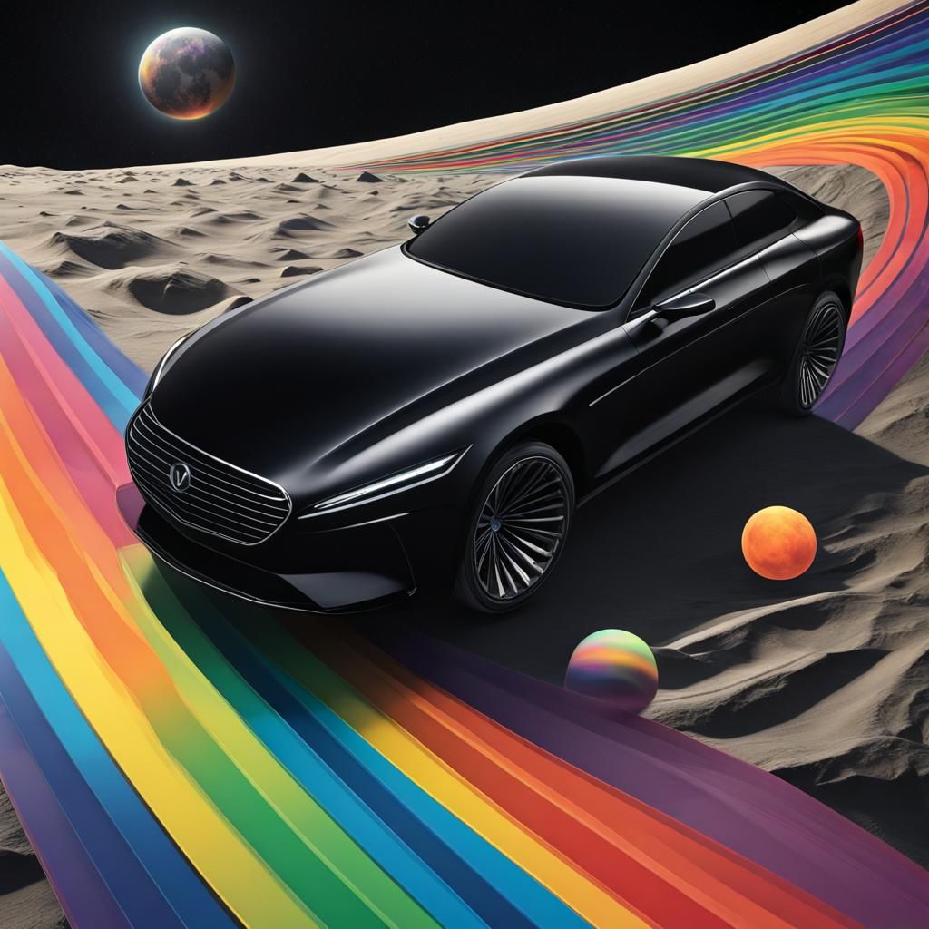 Sleek Car Gliding Across Moon with Rainbow Trail