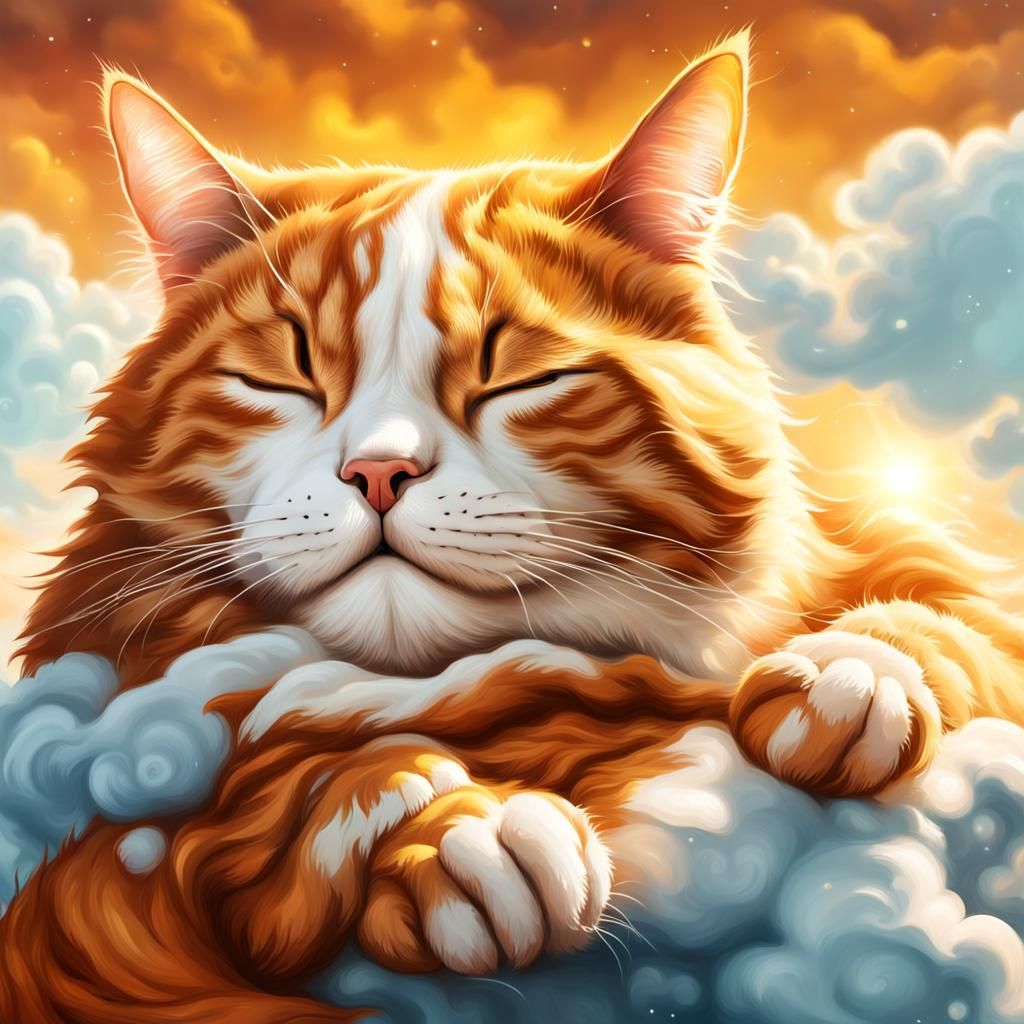 Ginger Cat Napping on Cloud: Hyperrealistic Splash Art
