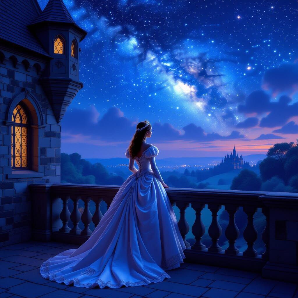 Princess Gazing at Starry Night Sky from Castle