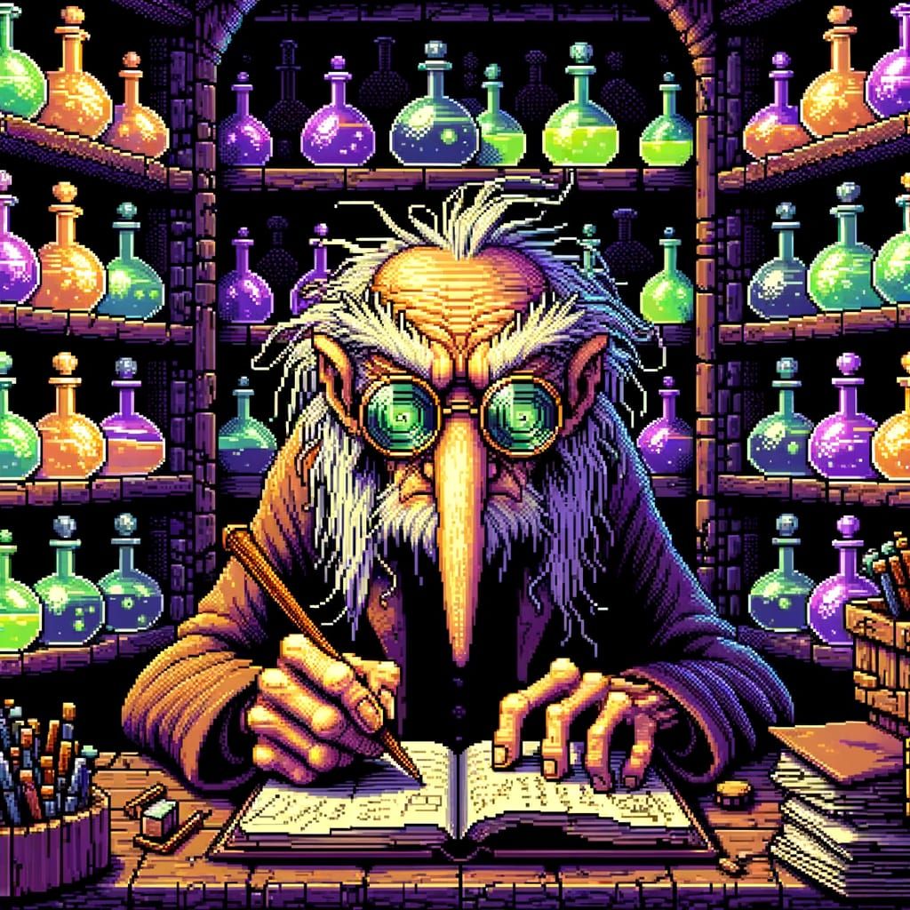8-Bit Pixel Art Potion Merchant in Boutique