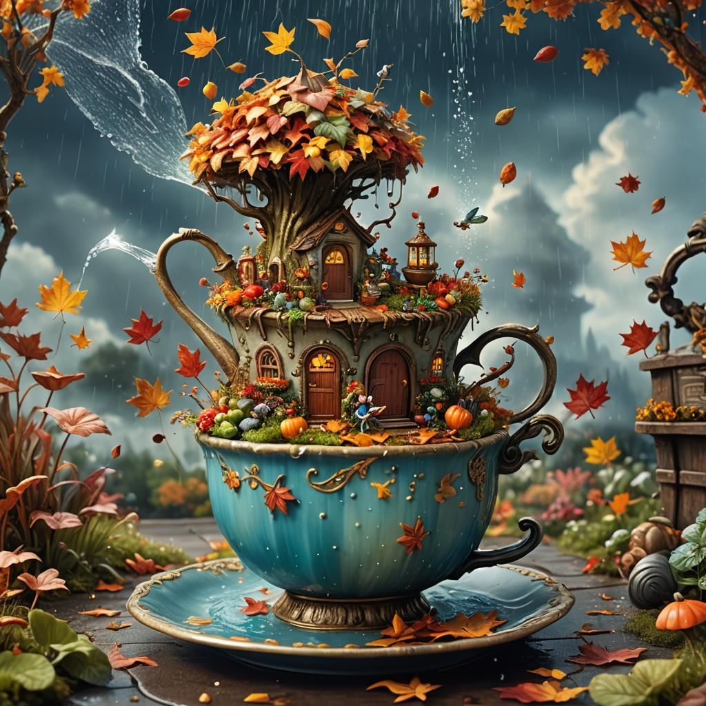 Miniature Fairy-Tale Autumn Garden in Teacup
