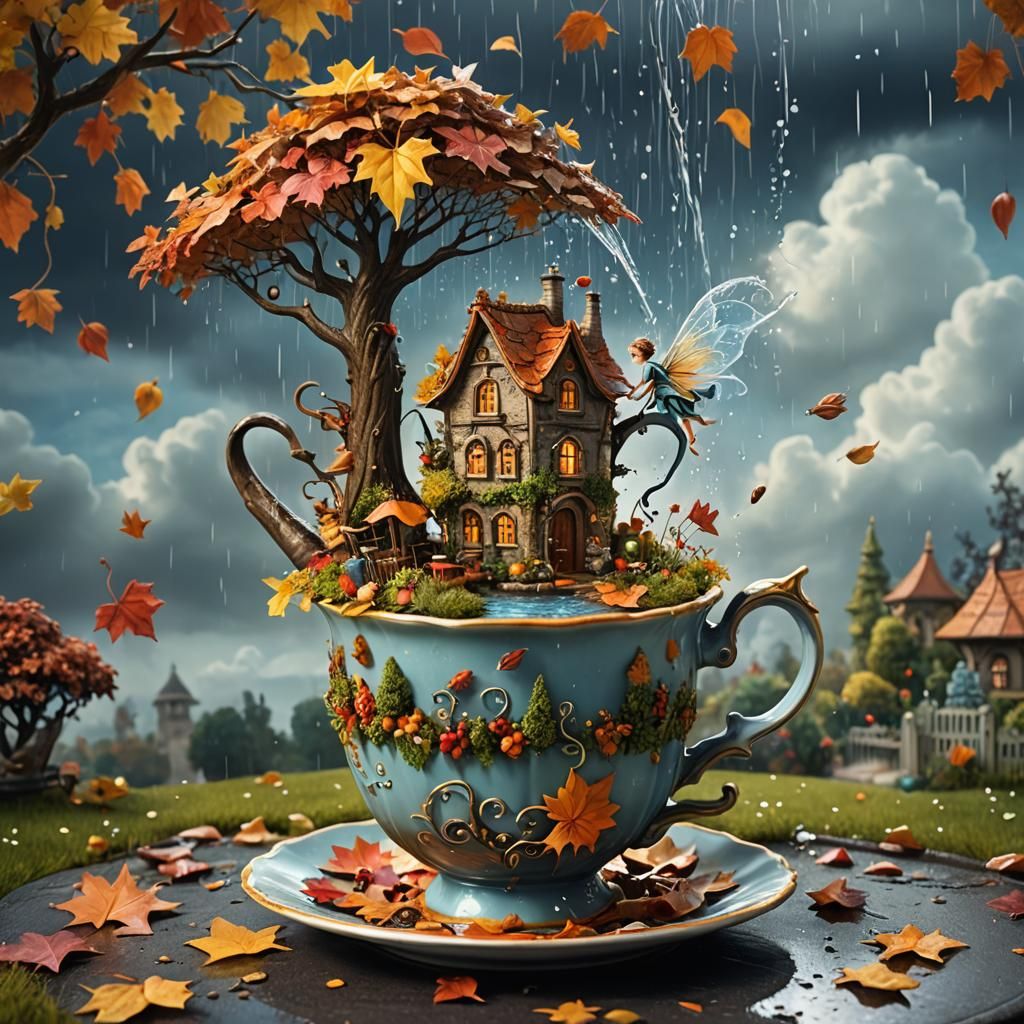 Miniature Fairy Garden in Teacup, Fantasy Art