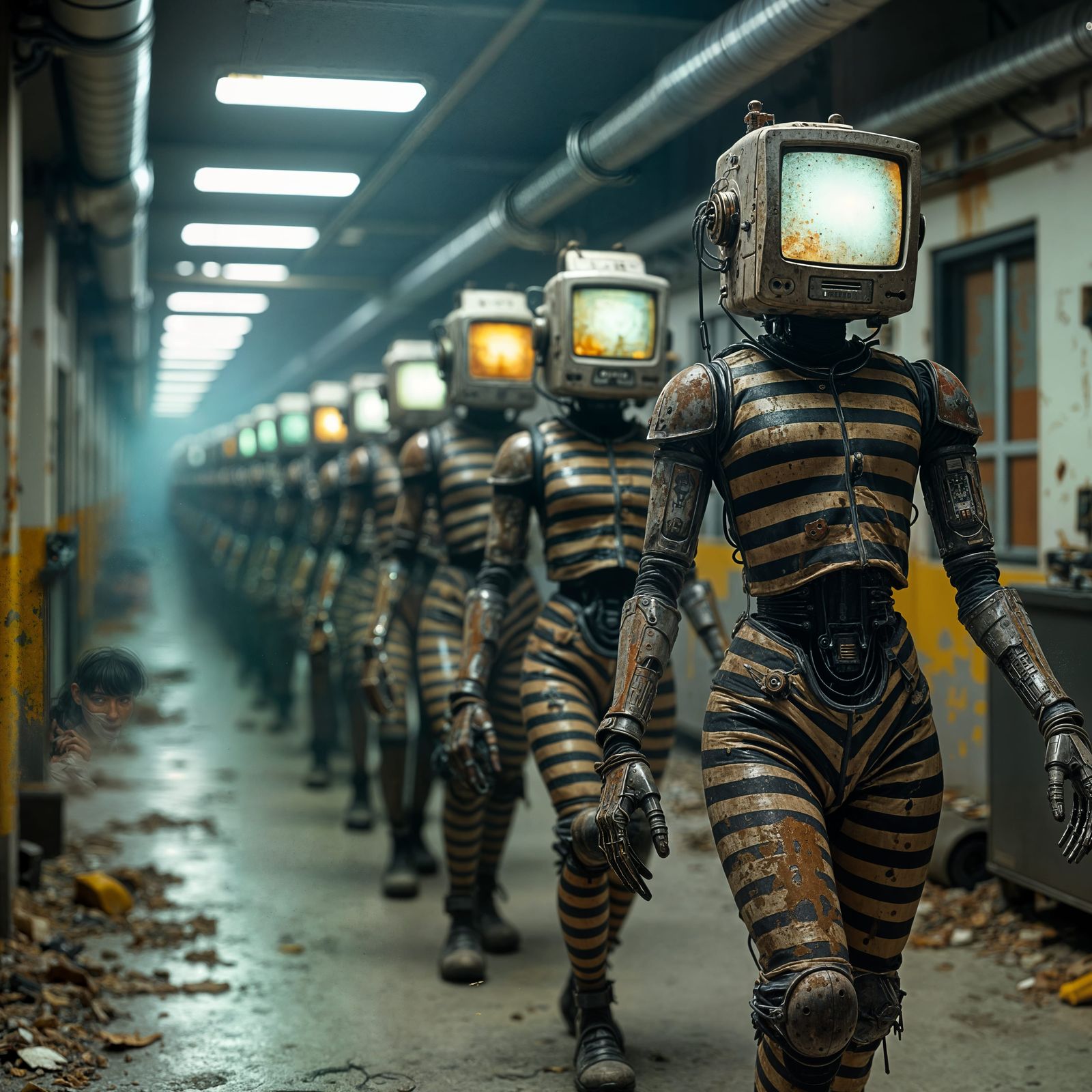 Android Procession in Dystopian Cyberpunk Style
