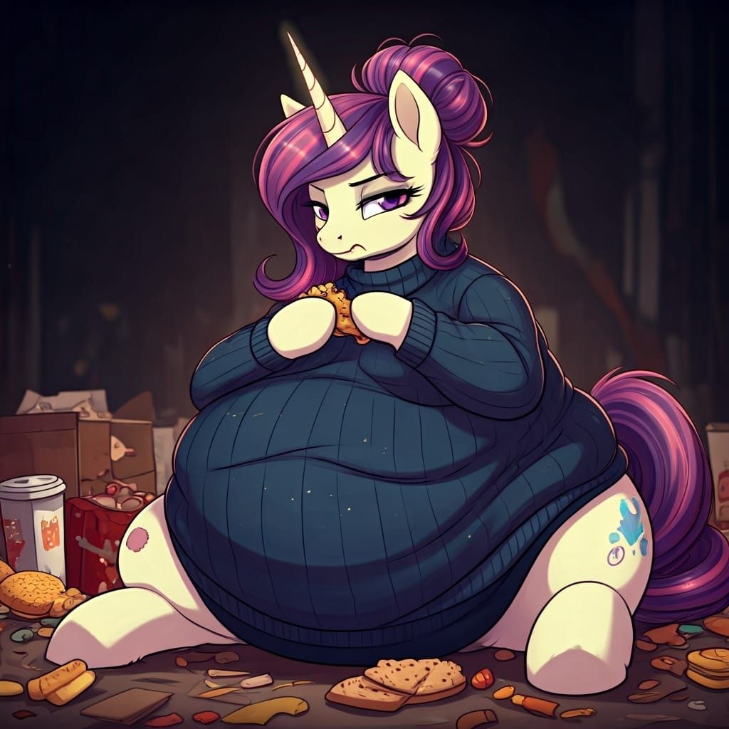 Cartoon Unicorn Eating Junk Food in Film Still Style