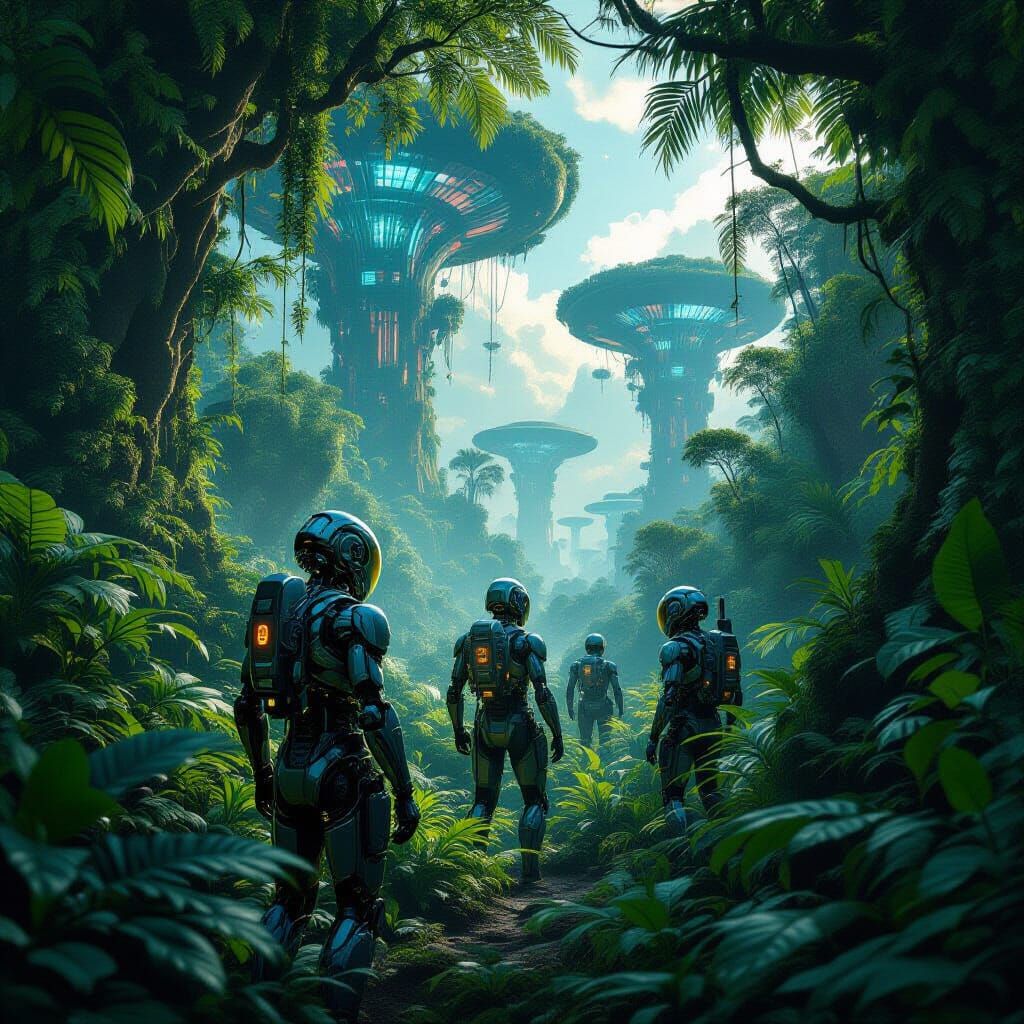 Cyborg Explorers in Alien Jungle: Photorealistic Cosmic Illu...