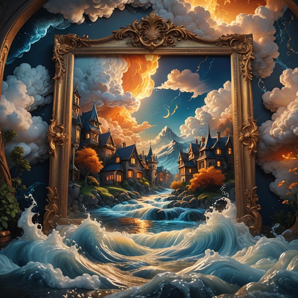 River Flowing from Picture Frame: Fantasy Matte Painting