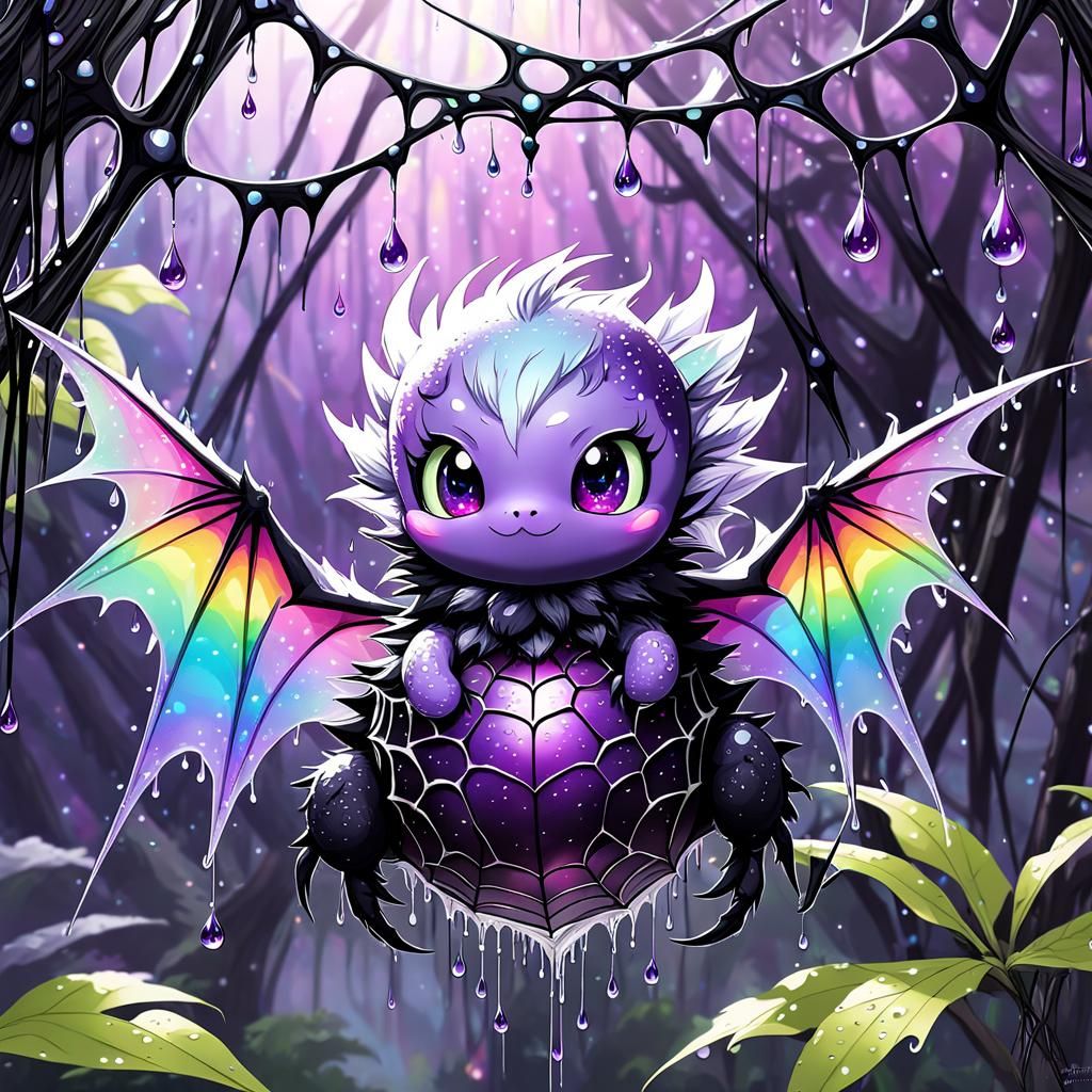 Chibi Dragon on Spiderweb in Forest