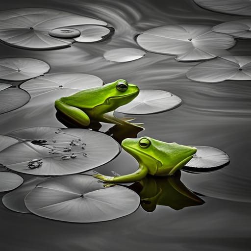 Green Frogs on Lily Pads in Selective Color
