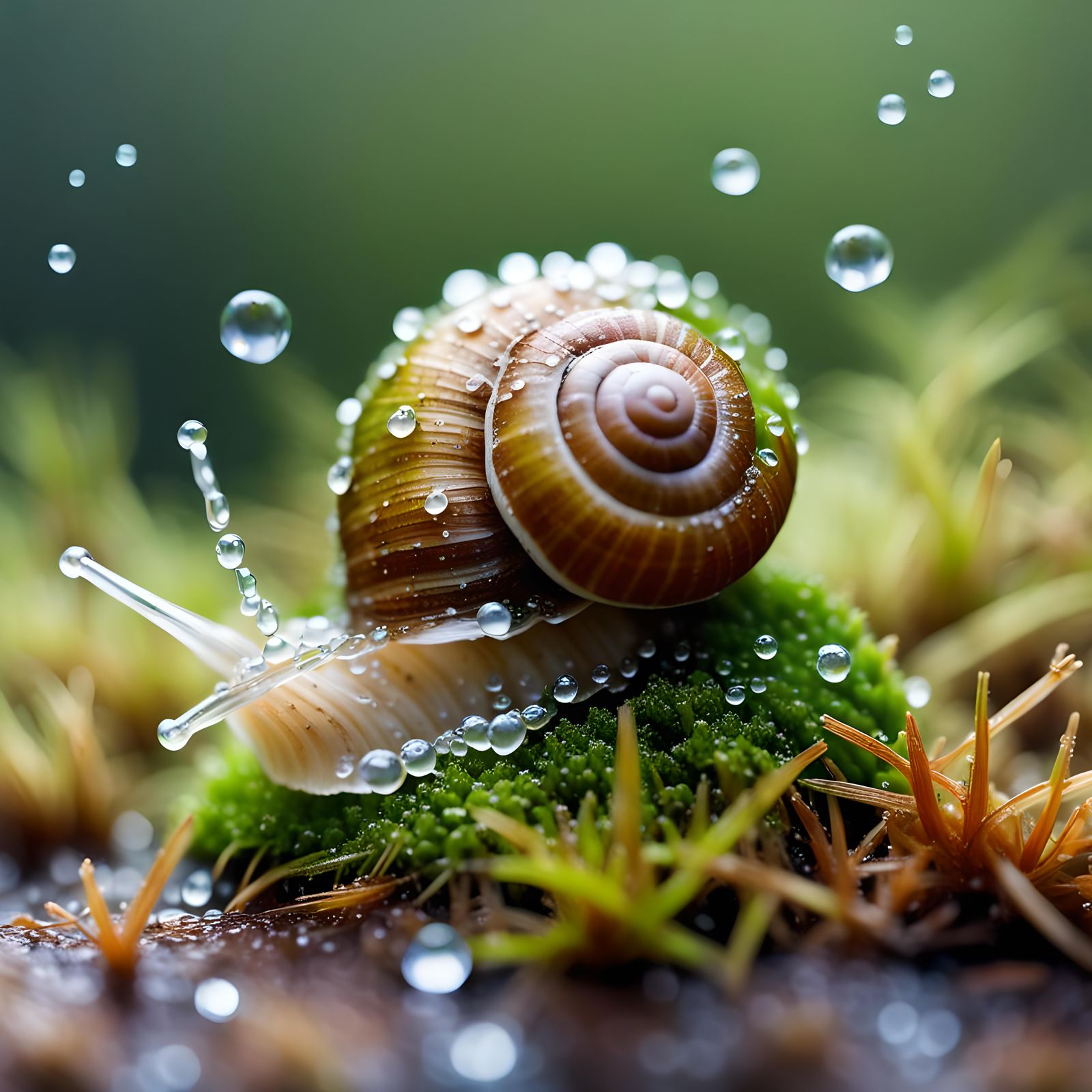Dew-Kissed Snail Shell on Moss: High-Resolution Macro