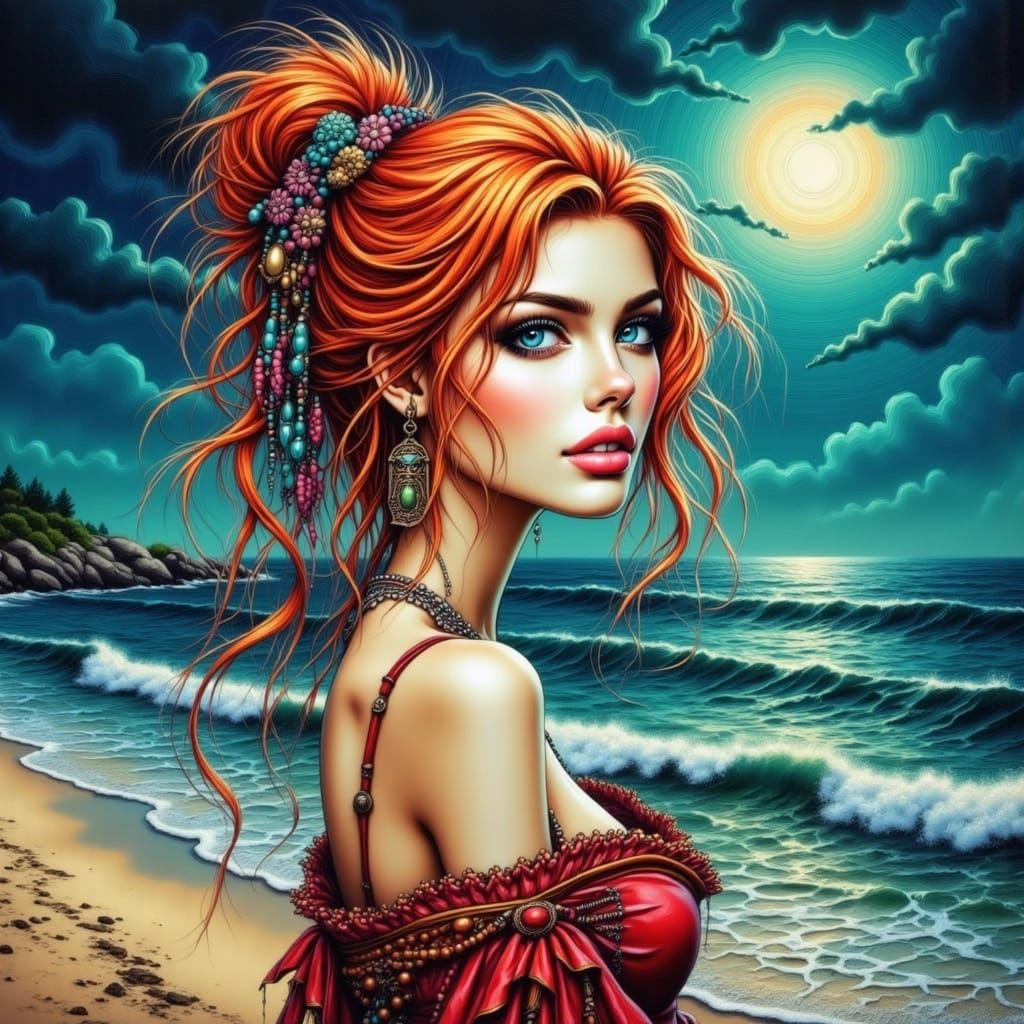 Red-Haired Witch on Bioluminescent Beach