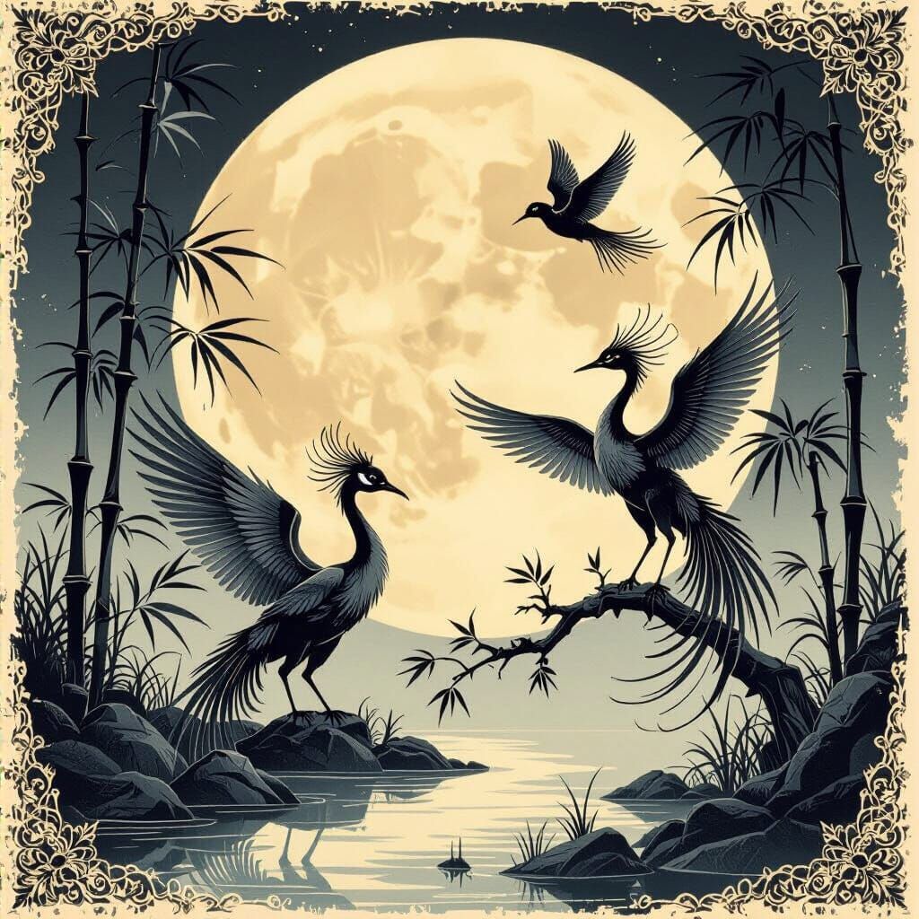 Bamboo Birds in Japanese Ink Style