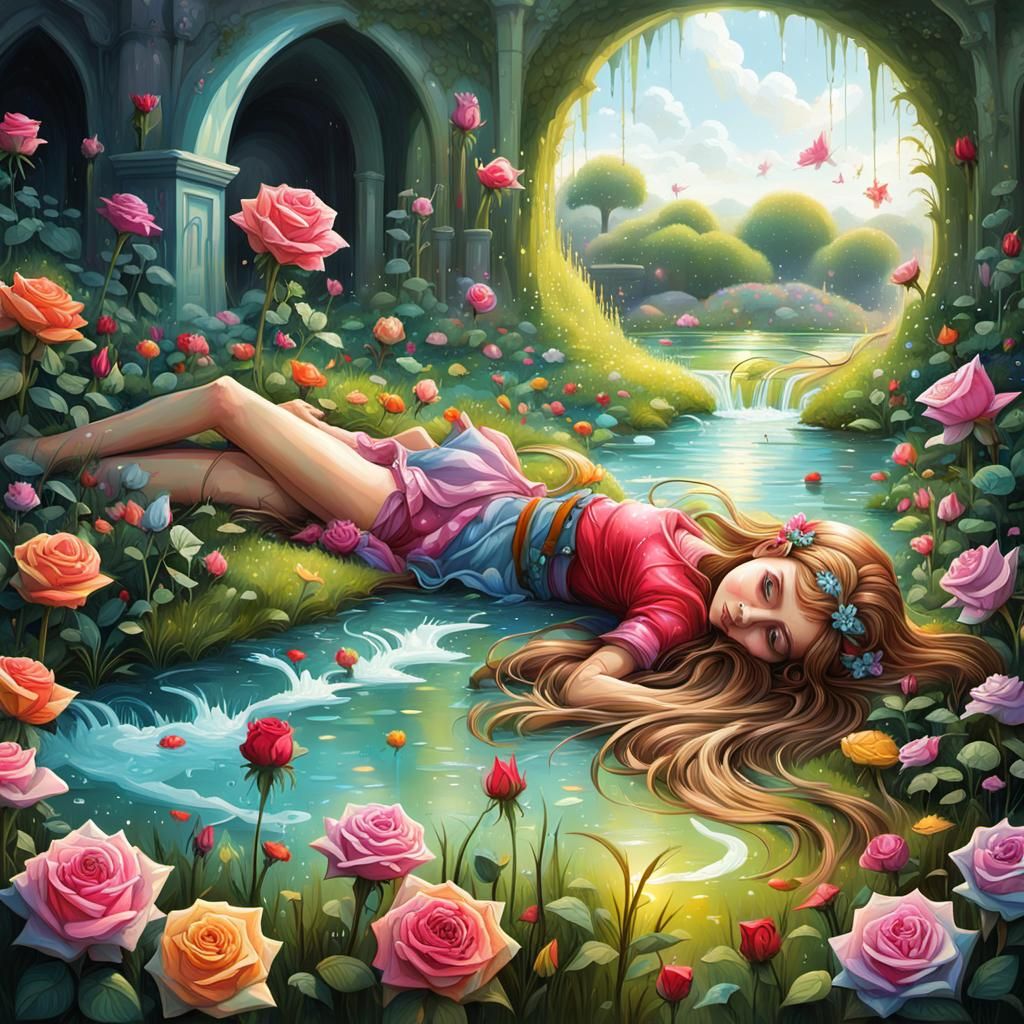 Fairy Elf Sleeping in Rose Garden, Graffiti Art