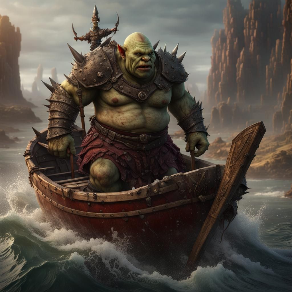 Ogre Riding Boat Ashore in Detailed Matte Painting