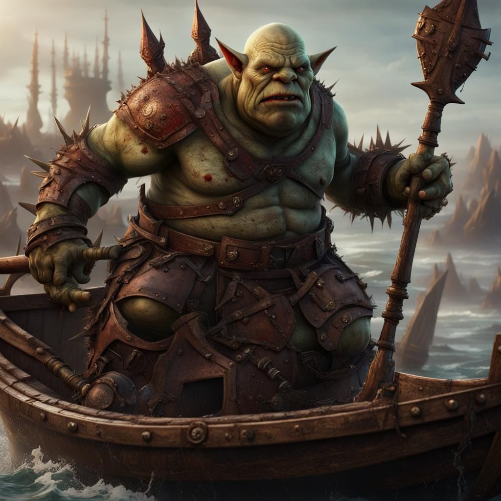 Ogre Warrior Navigating Wastelands on a Boat