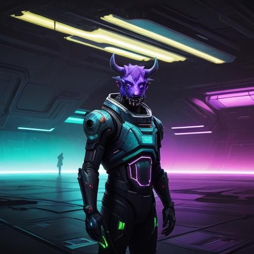 Cyberpunk Oil Painting of Space Minotaur in Abandoned Statio...