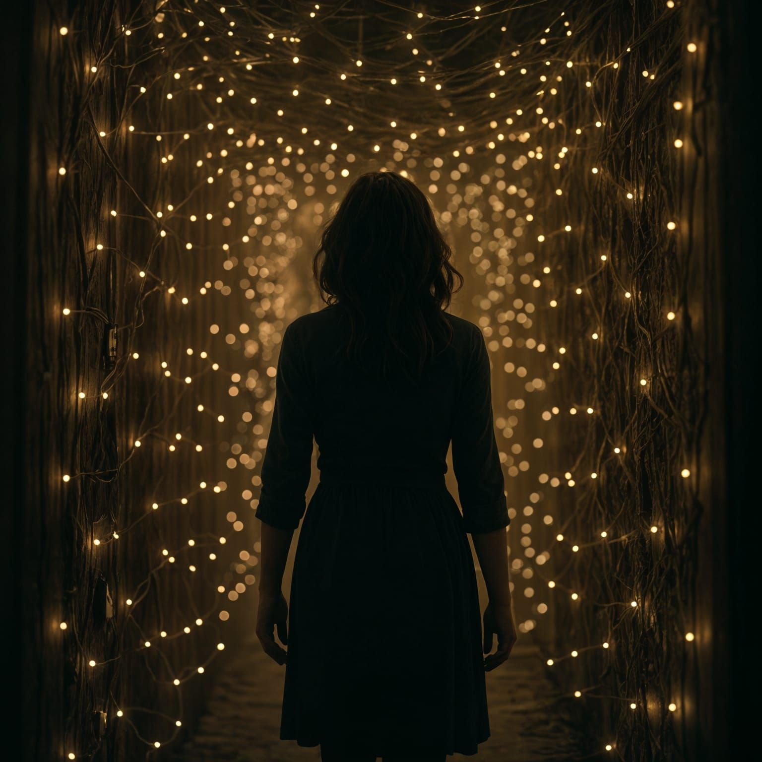 Woman Navigates Hallway of Interconnected Lights in Cinemati...