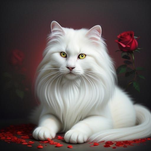 Whimsical White Cat Amidst Roses