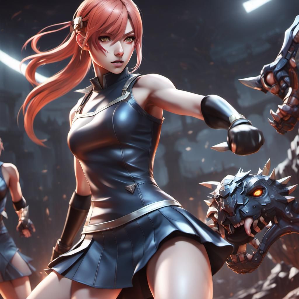 Superheroine Fighting Monster in Lair: 3D Anime Art