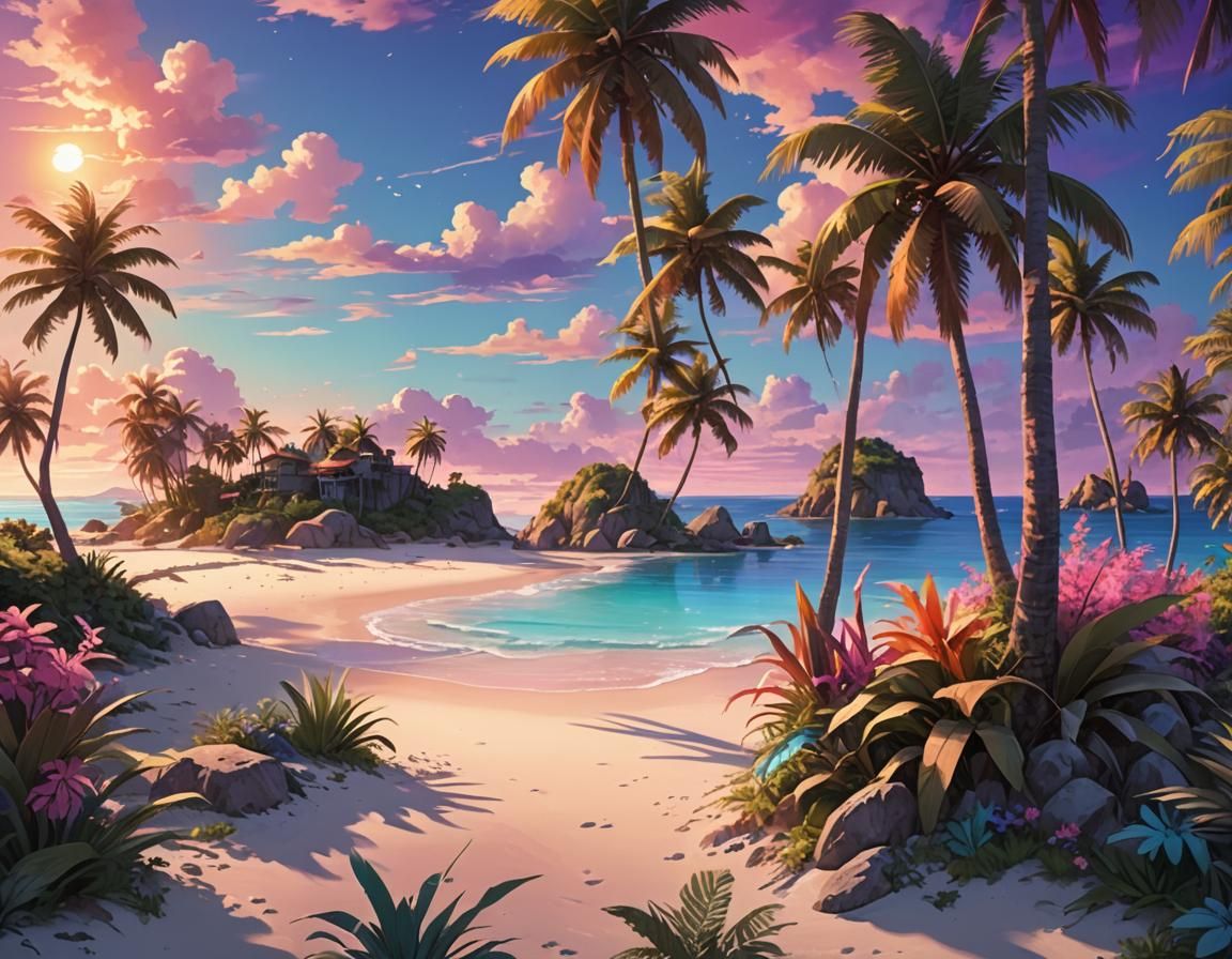 Tropical Island Sunset in Anime Style