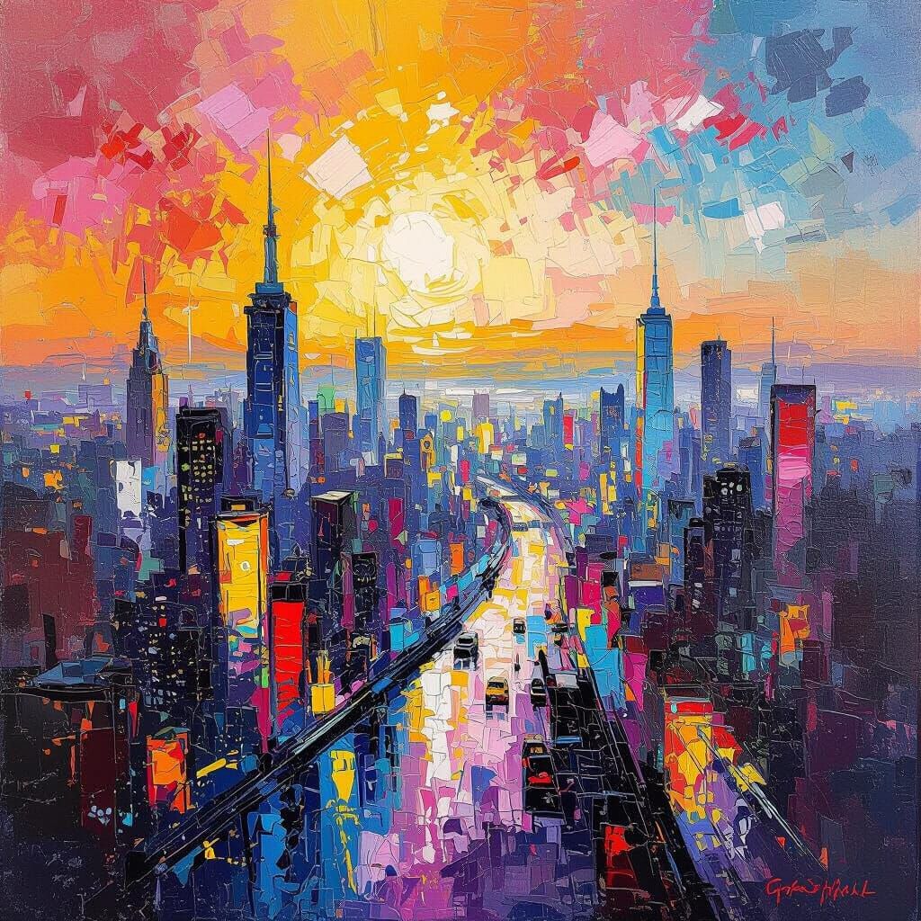 Vibrant Abstract Cityscape Painting in Impasto Style