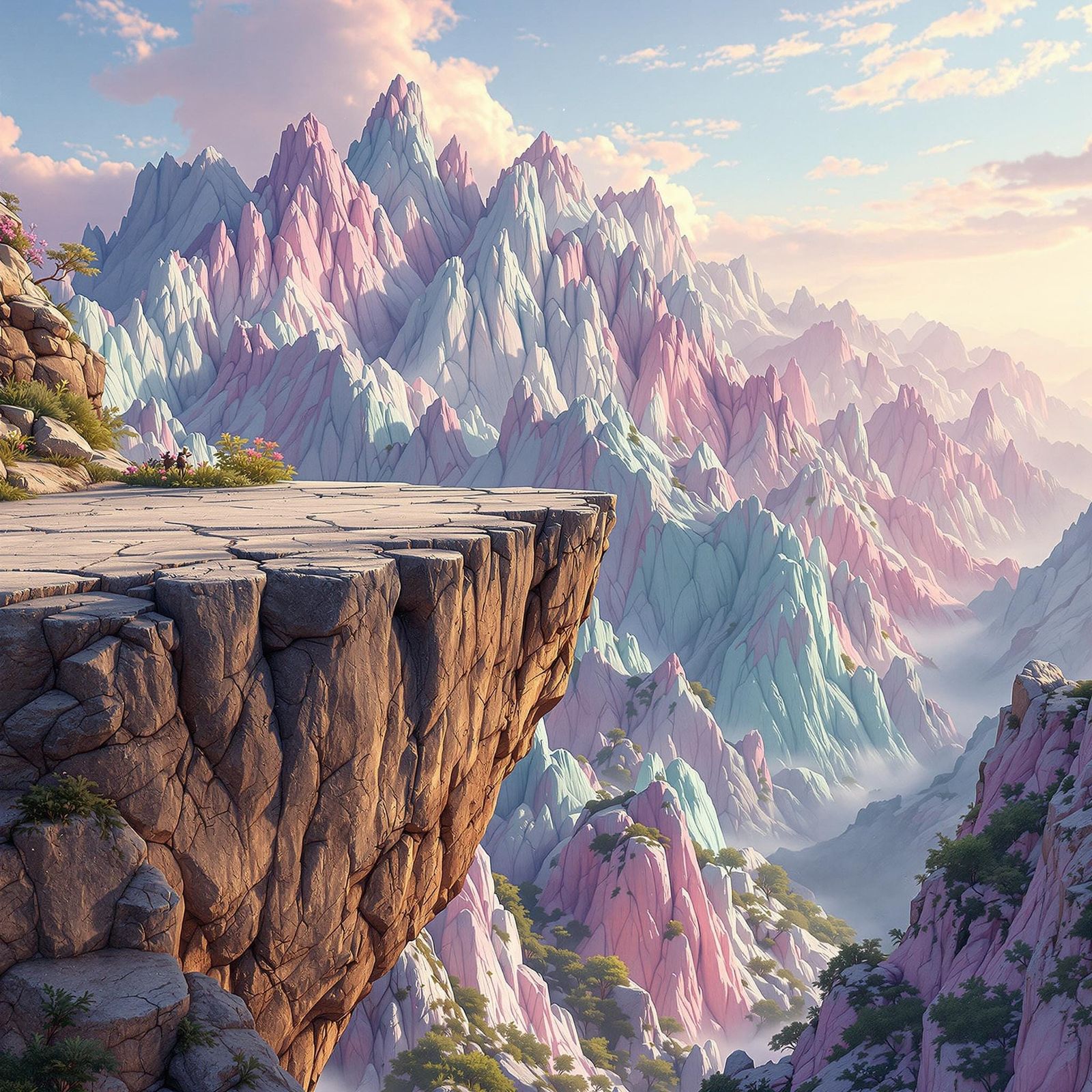Rugged Stone Ledge Overlooks Vibrant Pastel Mountain Range