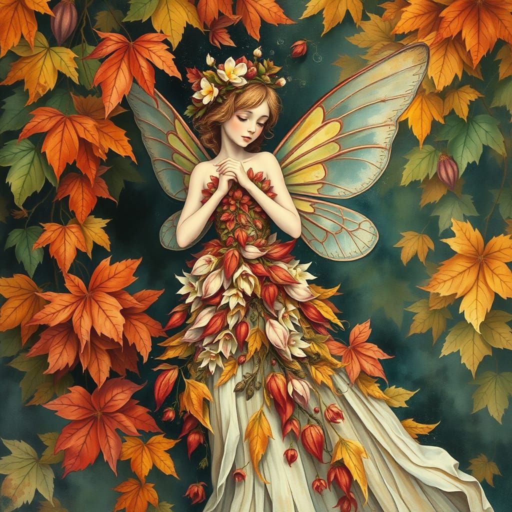 Autumn Fairy Crafts Gown in Gouache Style