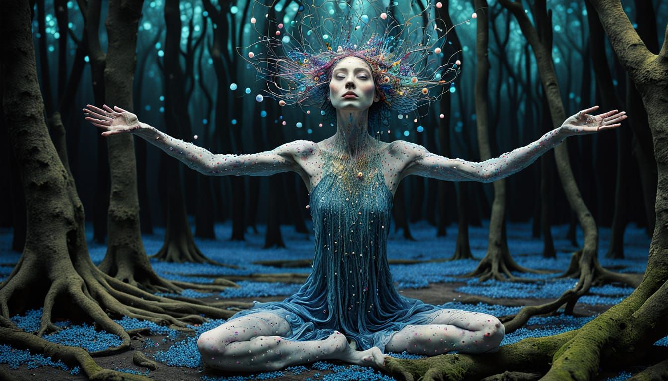 Vibrant Bio Art Sculpture of Woman Rising from Forest Floor