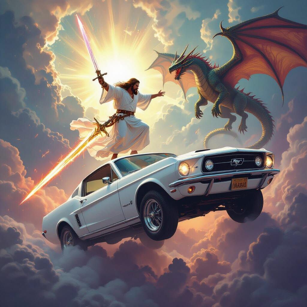 Jesus Christ Slaying Dragon Off Mustang