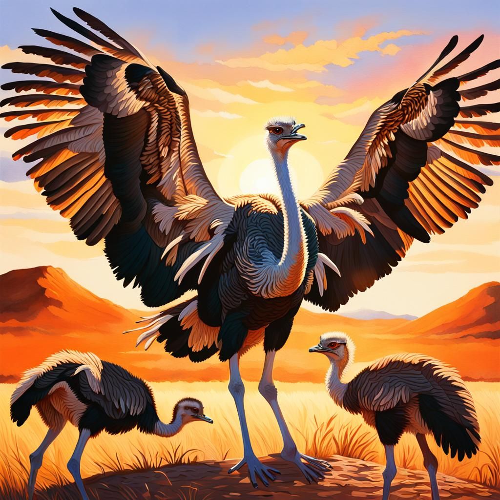 Ostrich Protects Babies Under African Sun as Painting