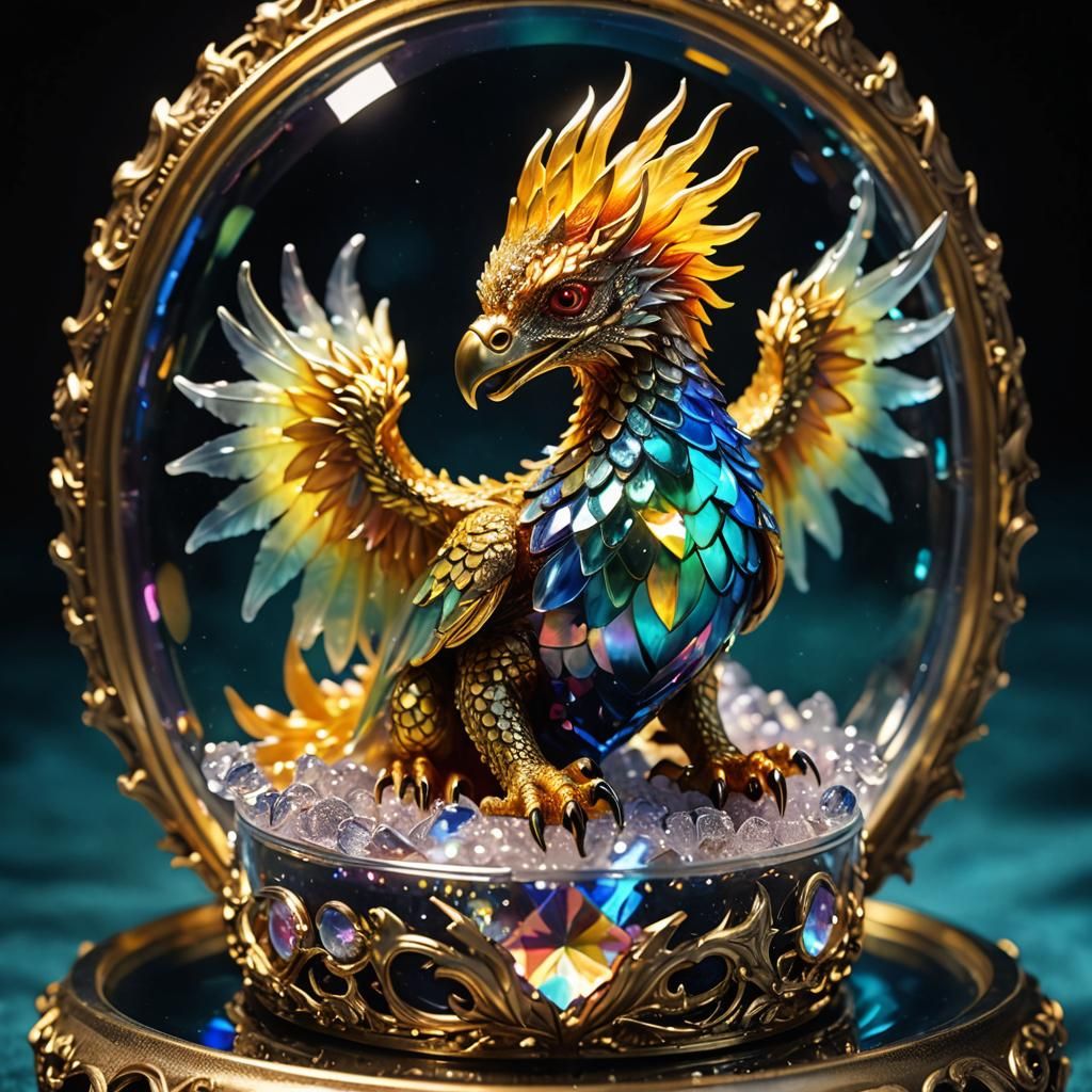 A cute tender-evil miniature baby phoenix-dragon sitting in a crystal iridescence glass with gold structure jewelry box ...