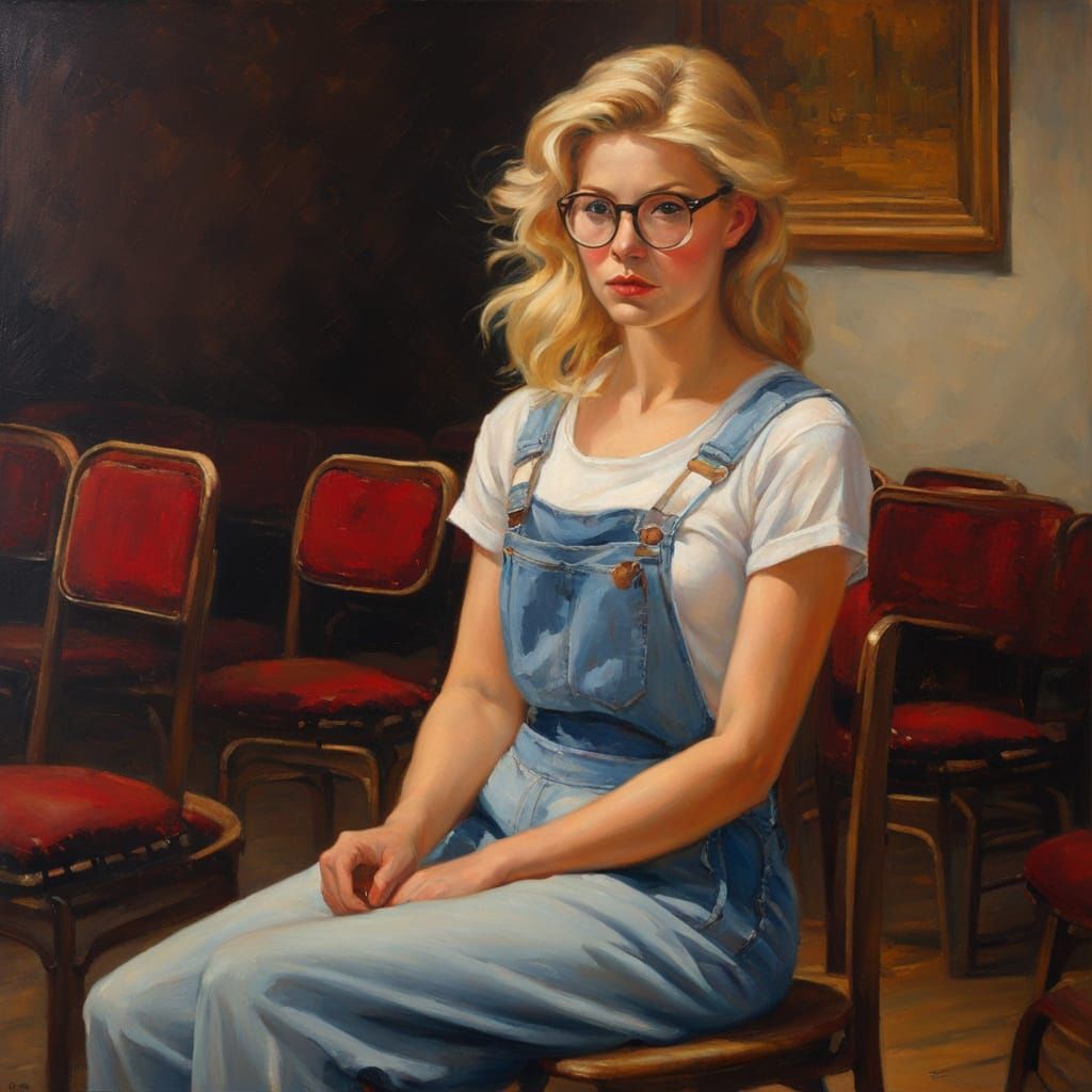 Blond Woman in Theater Wings, Oil Painting Style