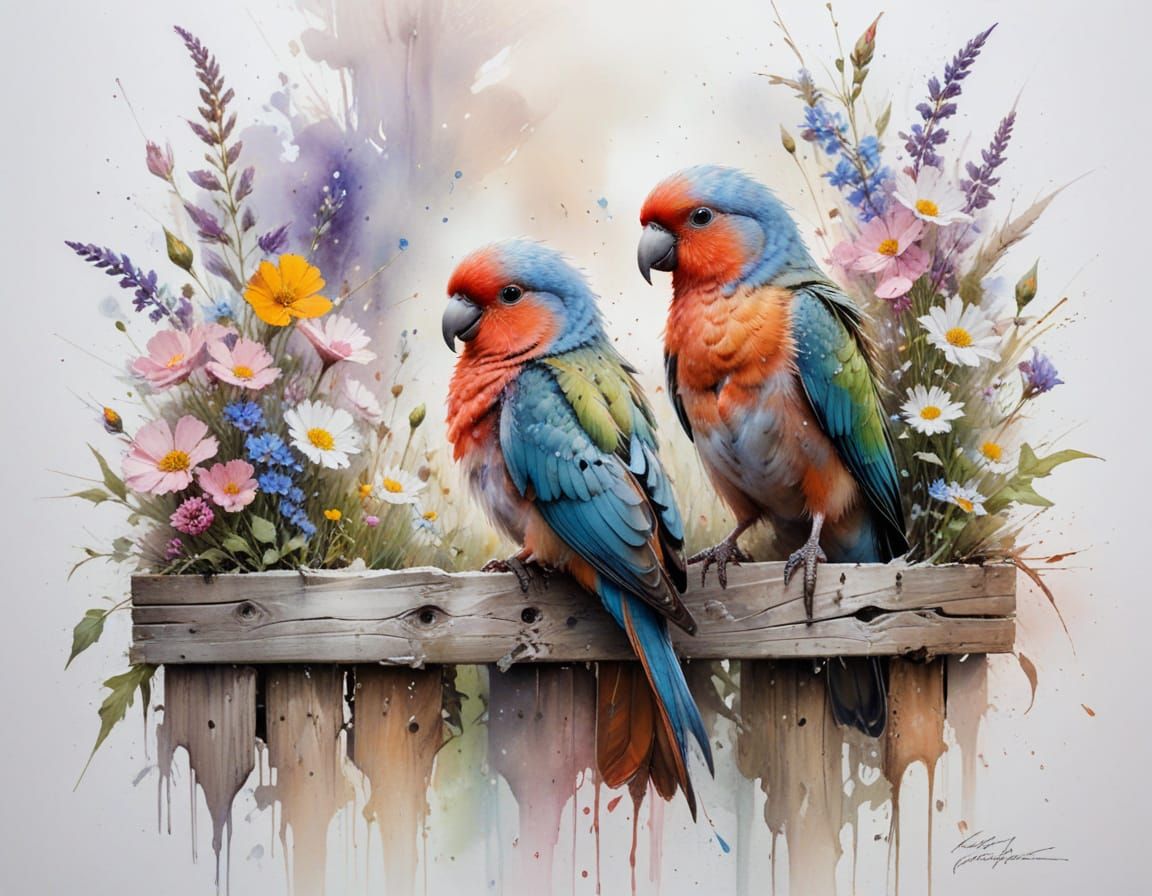 Lovebirds on Fence in Pastel Watercolour Style