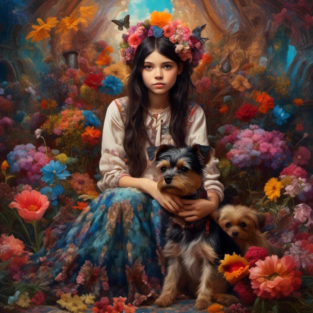 Dreamscape Girl with Yorkie in Boho Chic Style