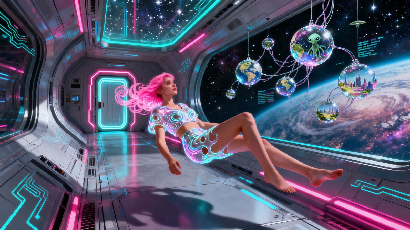 Woman in Spaceship Viewing Memory Globes