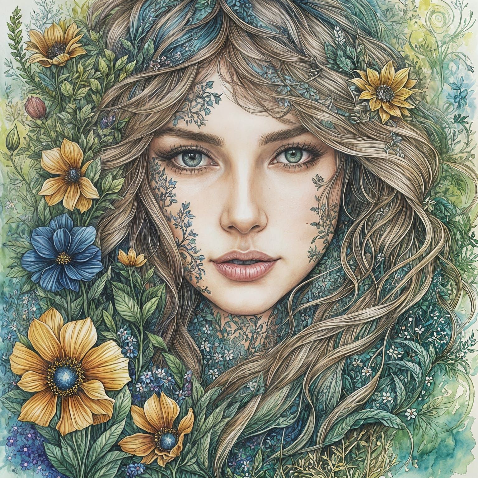 Gothic Boho Girl Portrait in Watercolor