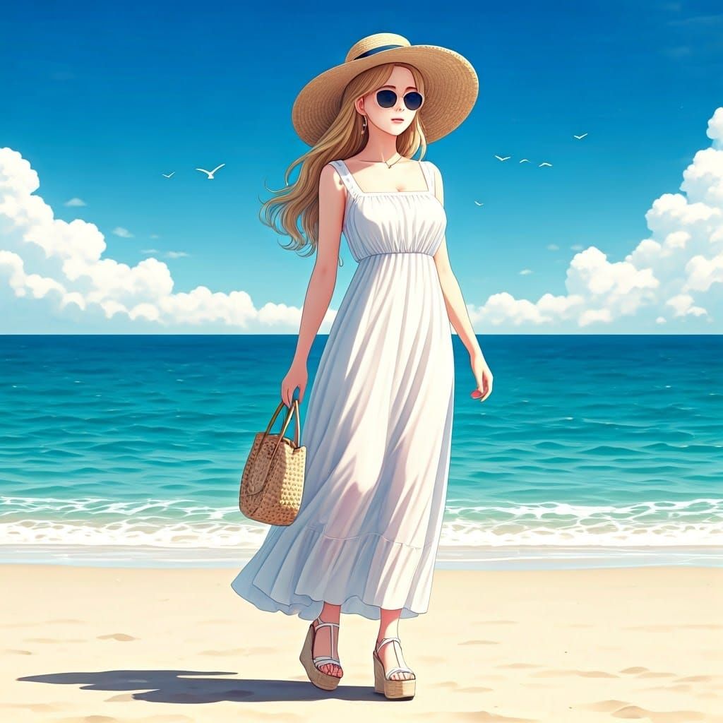 Elegant Woman Strolling on a Japanese Beach in Hyper Realist...