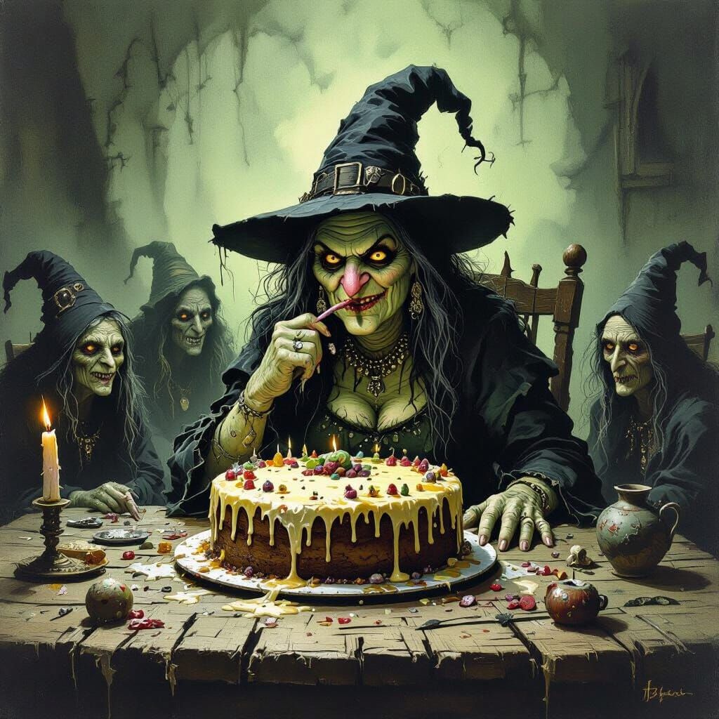 Grotesque Witches Feast on Decaying Cake in Gothic Style