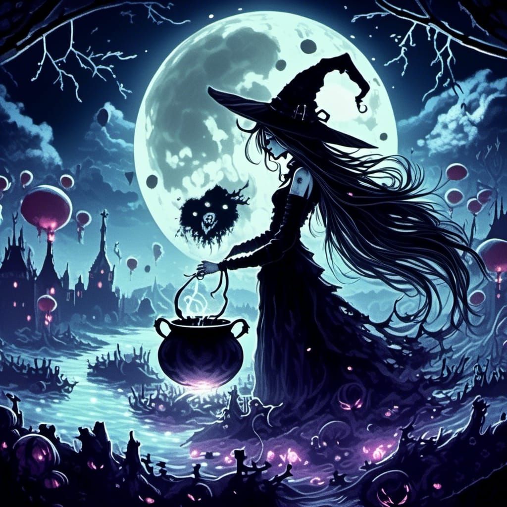 Witch Casting Spells Under Full Moon in Gothic Style