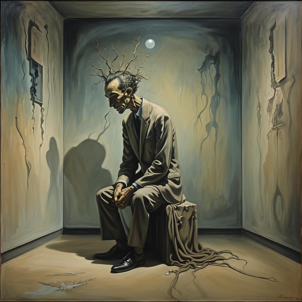 Surreal Portrait in Soundproof Room as Oil Painting