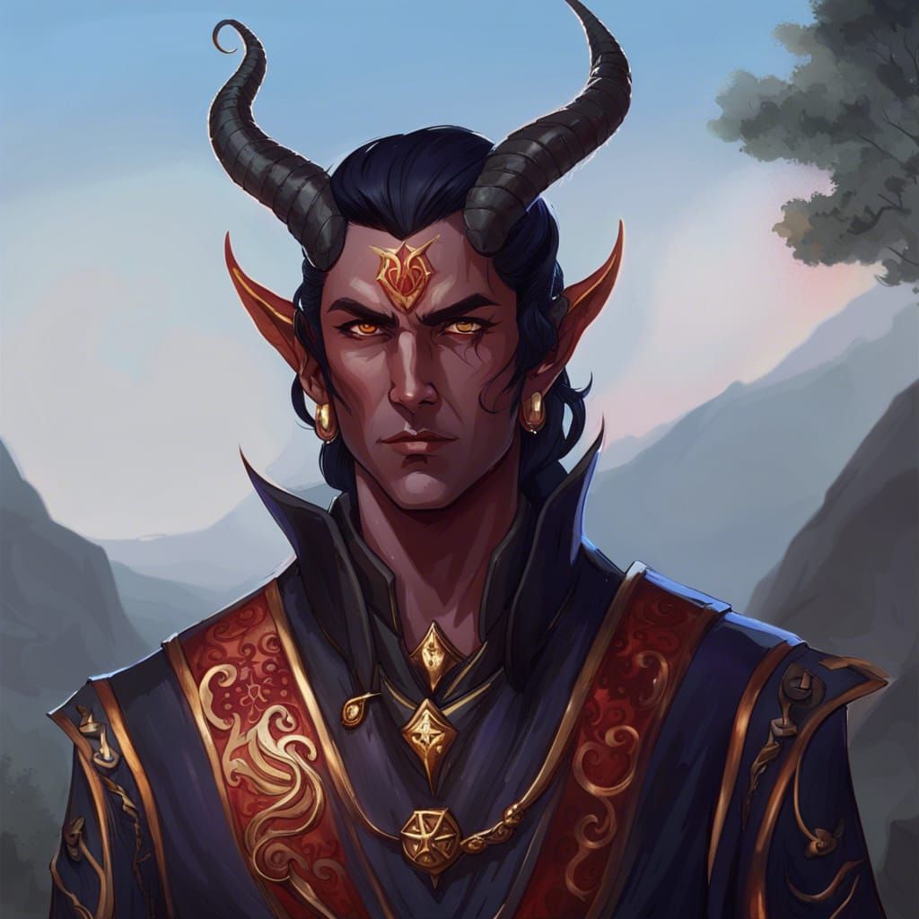 Elegant Tiefling Warlock in Tailored Robes